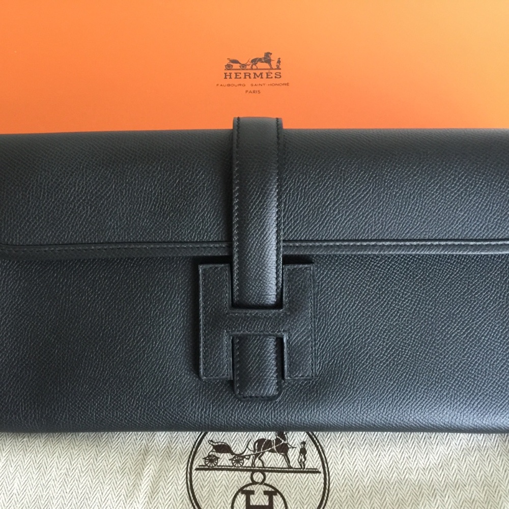 Authentic Hermes Jige Elan 29 cm clutch handbag bag black epsom leather new mint